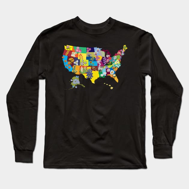 US State Flower Map Long Sleeve T-Shirt by Lavenderbuttons